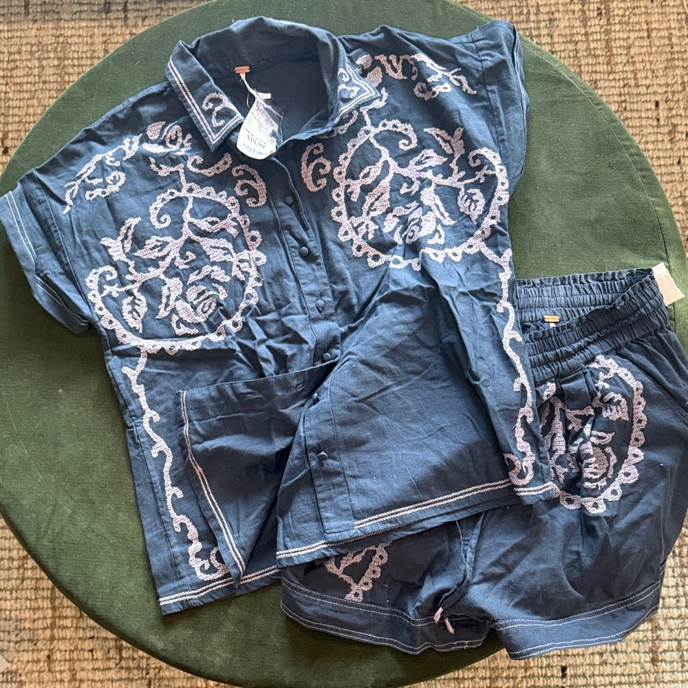 Free People Navy and White Embroidered set